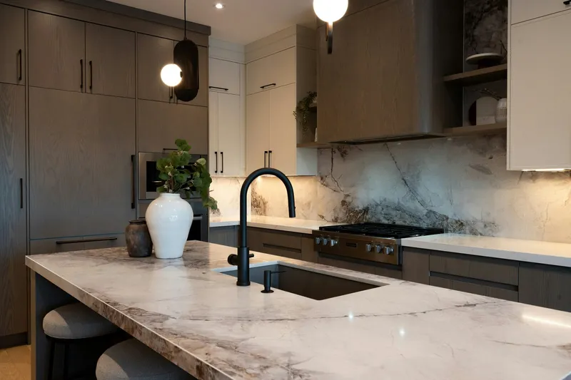 Luxury kitchen remodel with dark marble countertops and custom cabinetry in Sacramento home